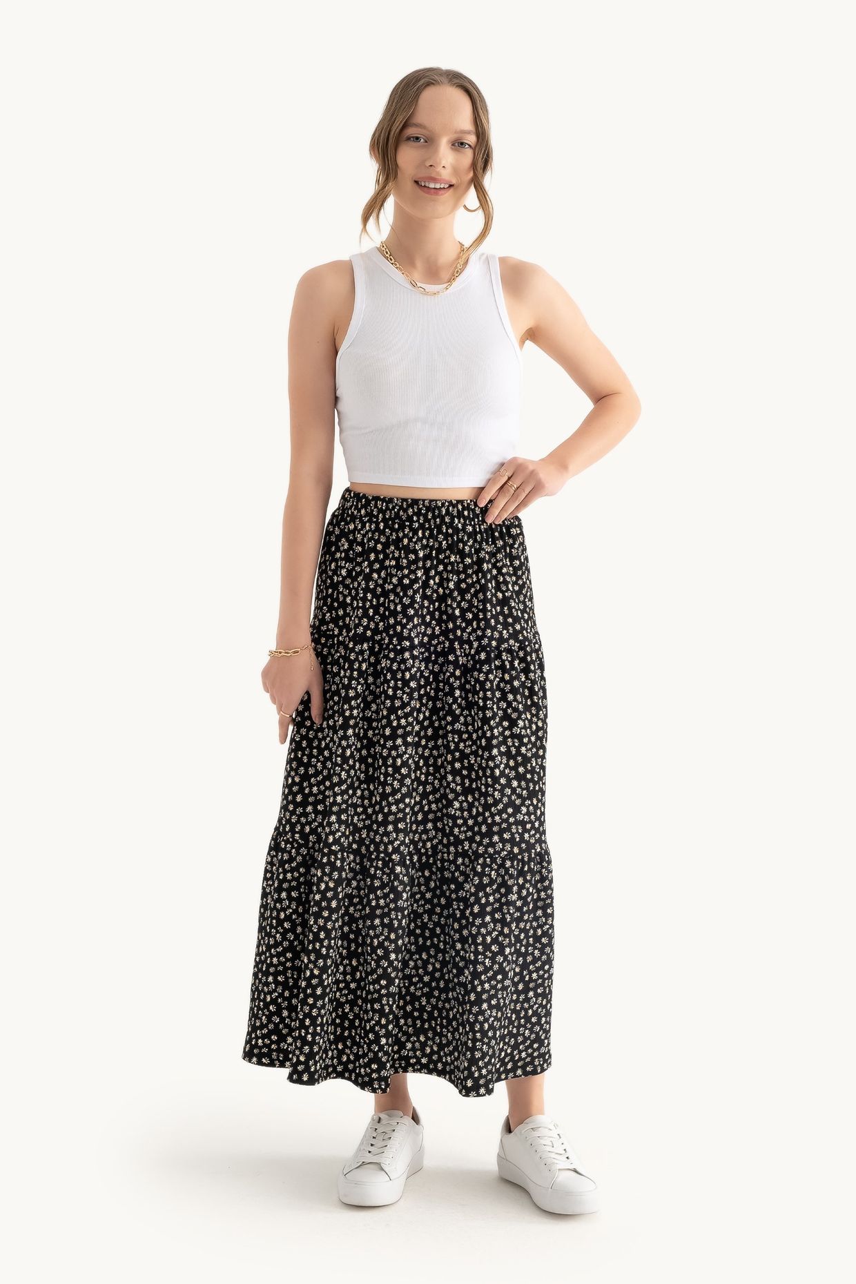 High Waist Tiered Elastic Waist Maxi Skirt