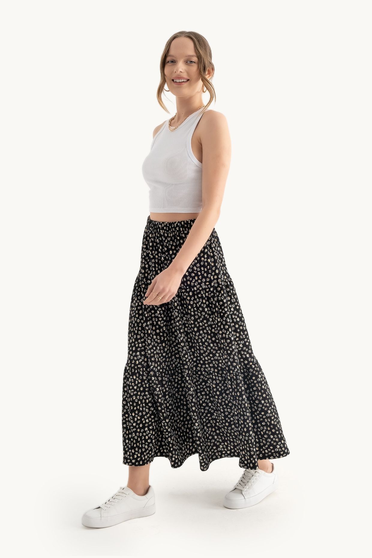 High Waist Tiered Elastic Waist Maxi Skirt