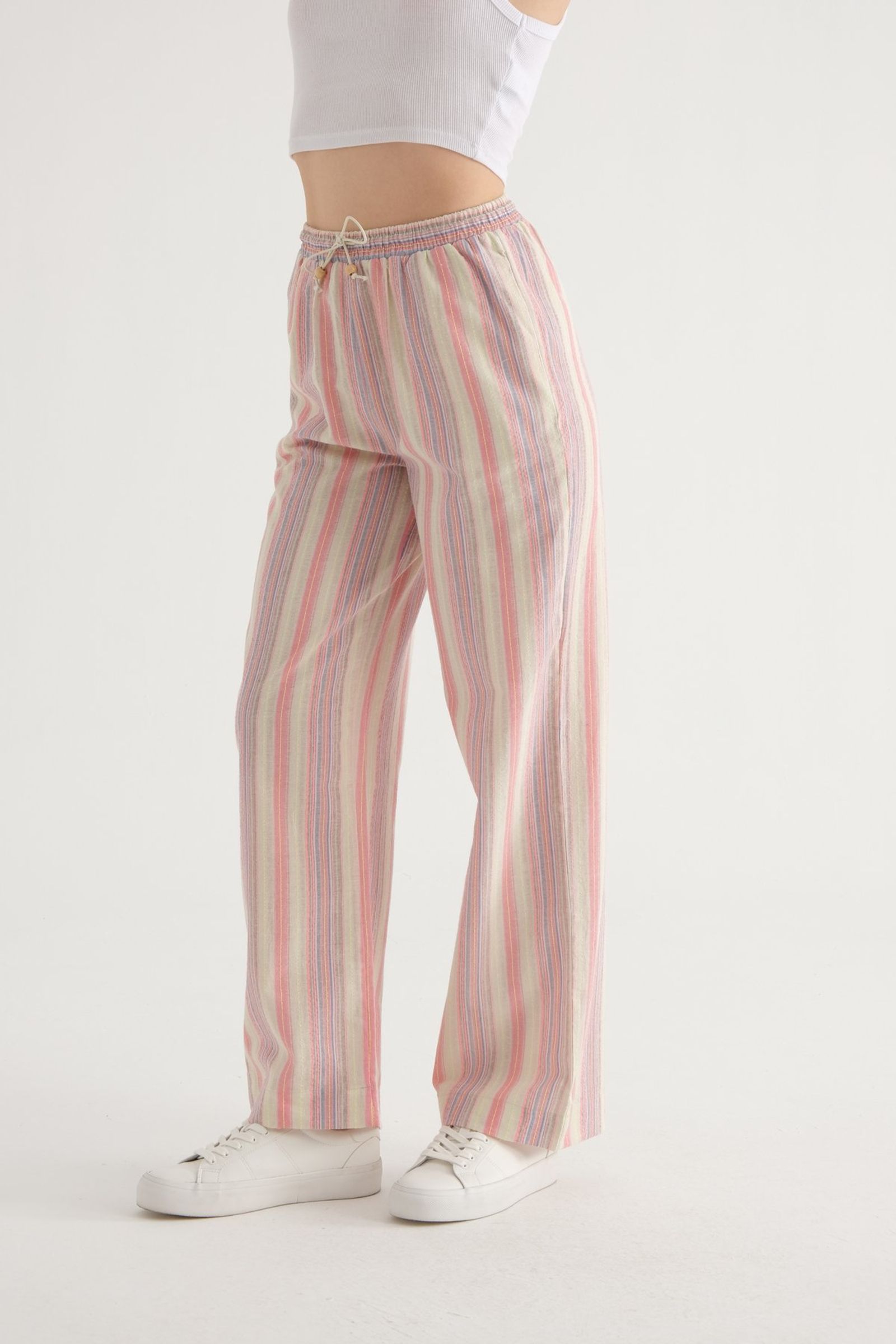 Striped High Waist Drawstring Straight Leg Trousers