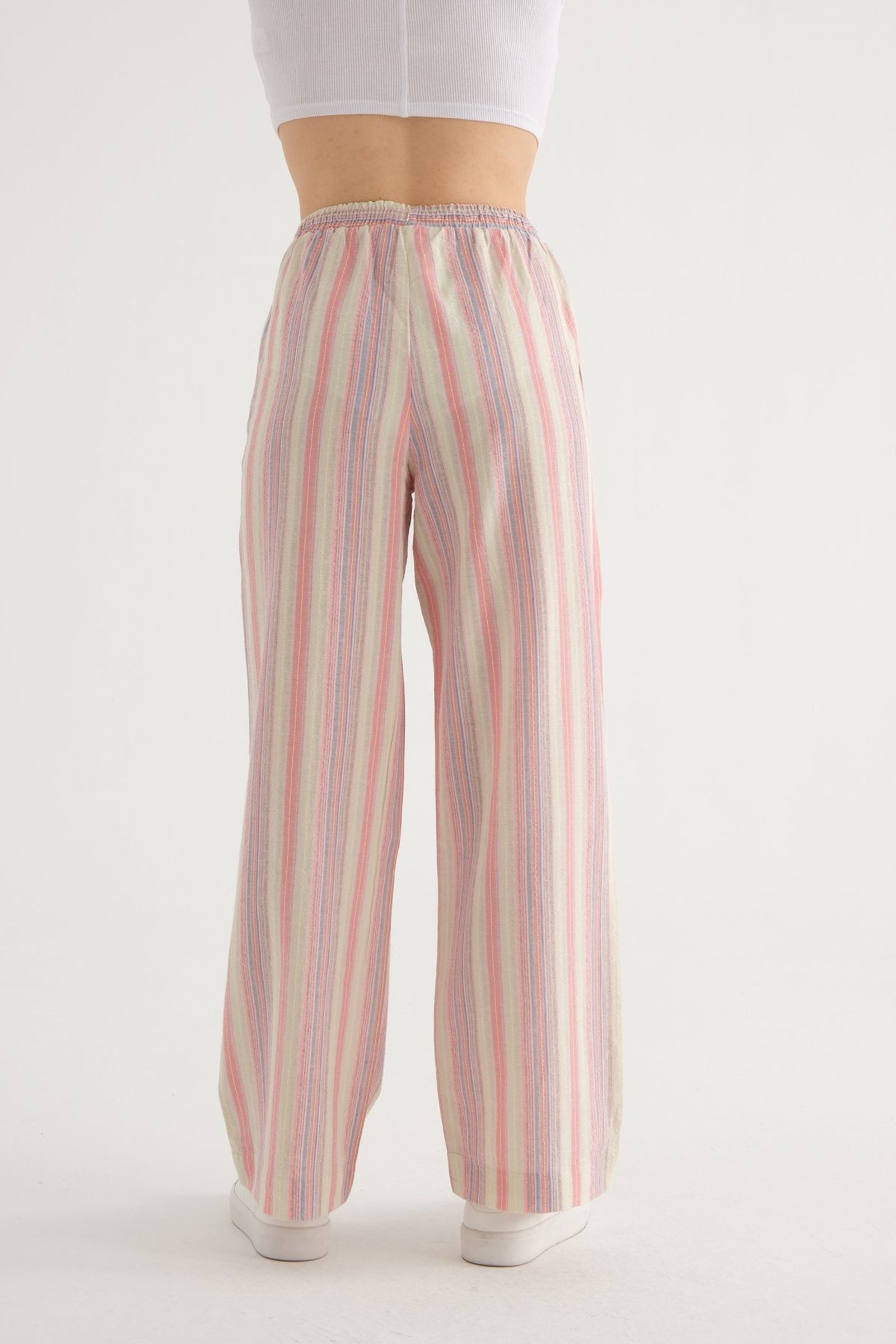 Striped High Waist Drawstring Straight Leg Trousers