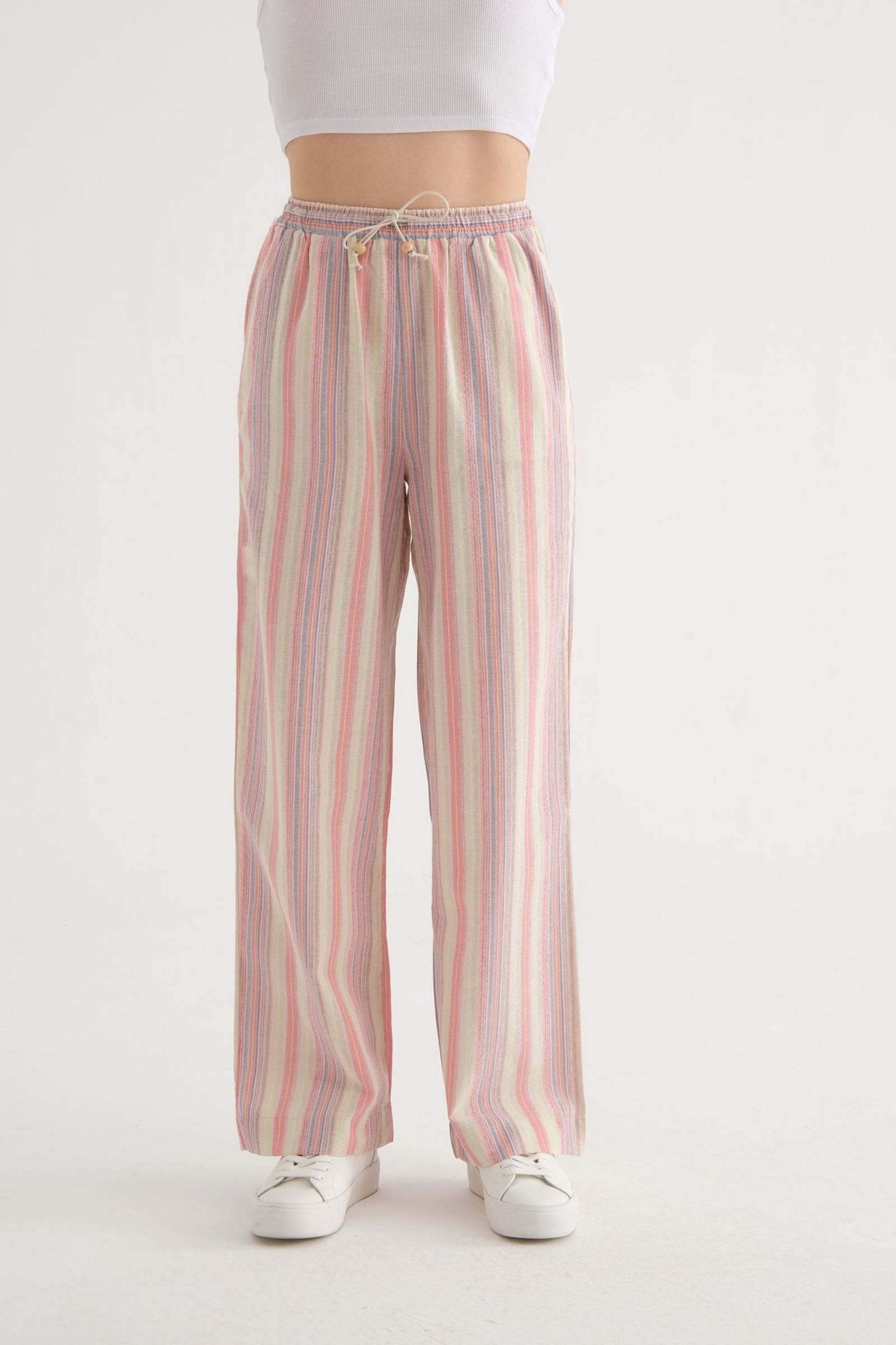 Striped High Waist Drawstring Straight Leg Trousers