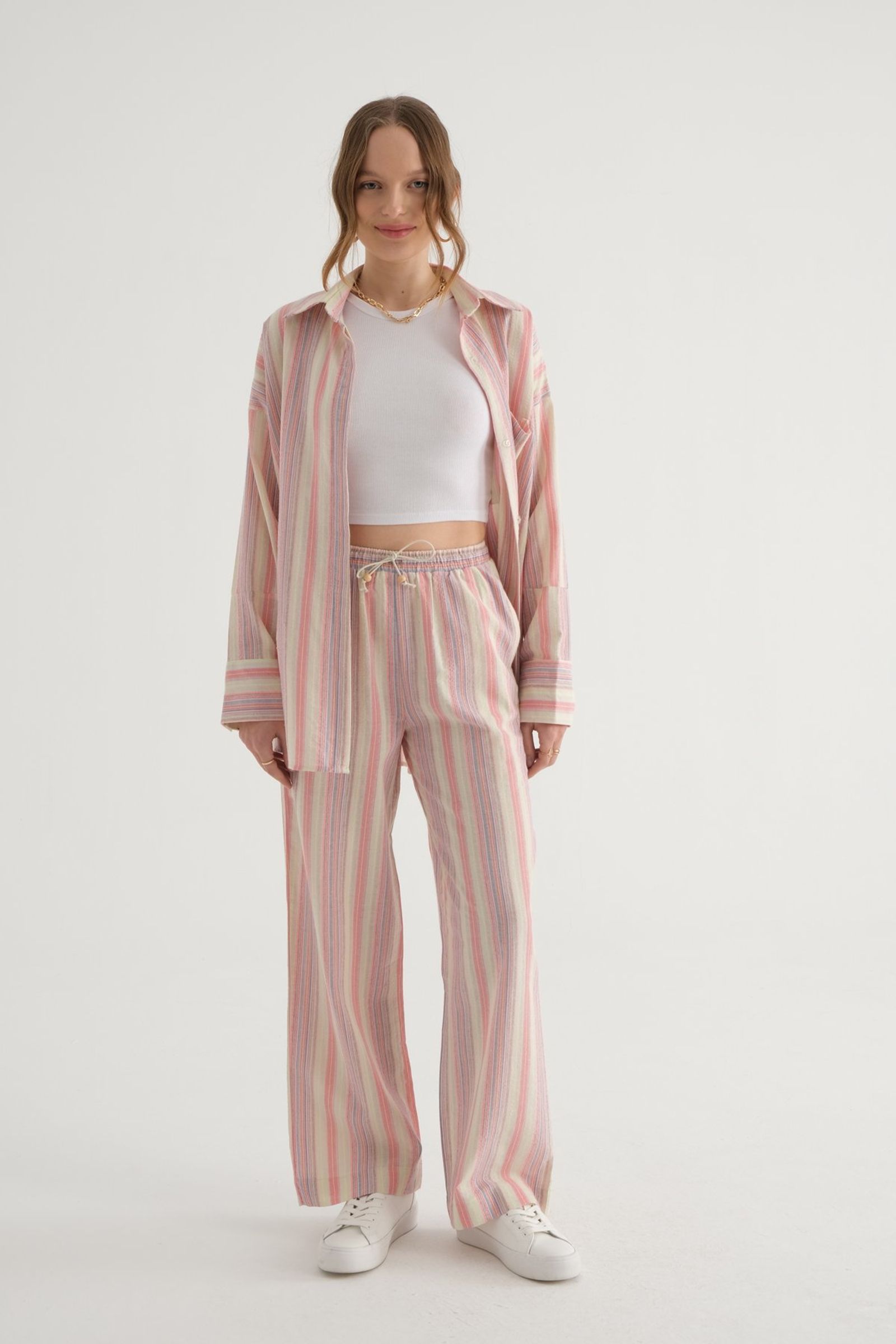 Striped High Waist Drawstring Straight Leg Trousers