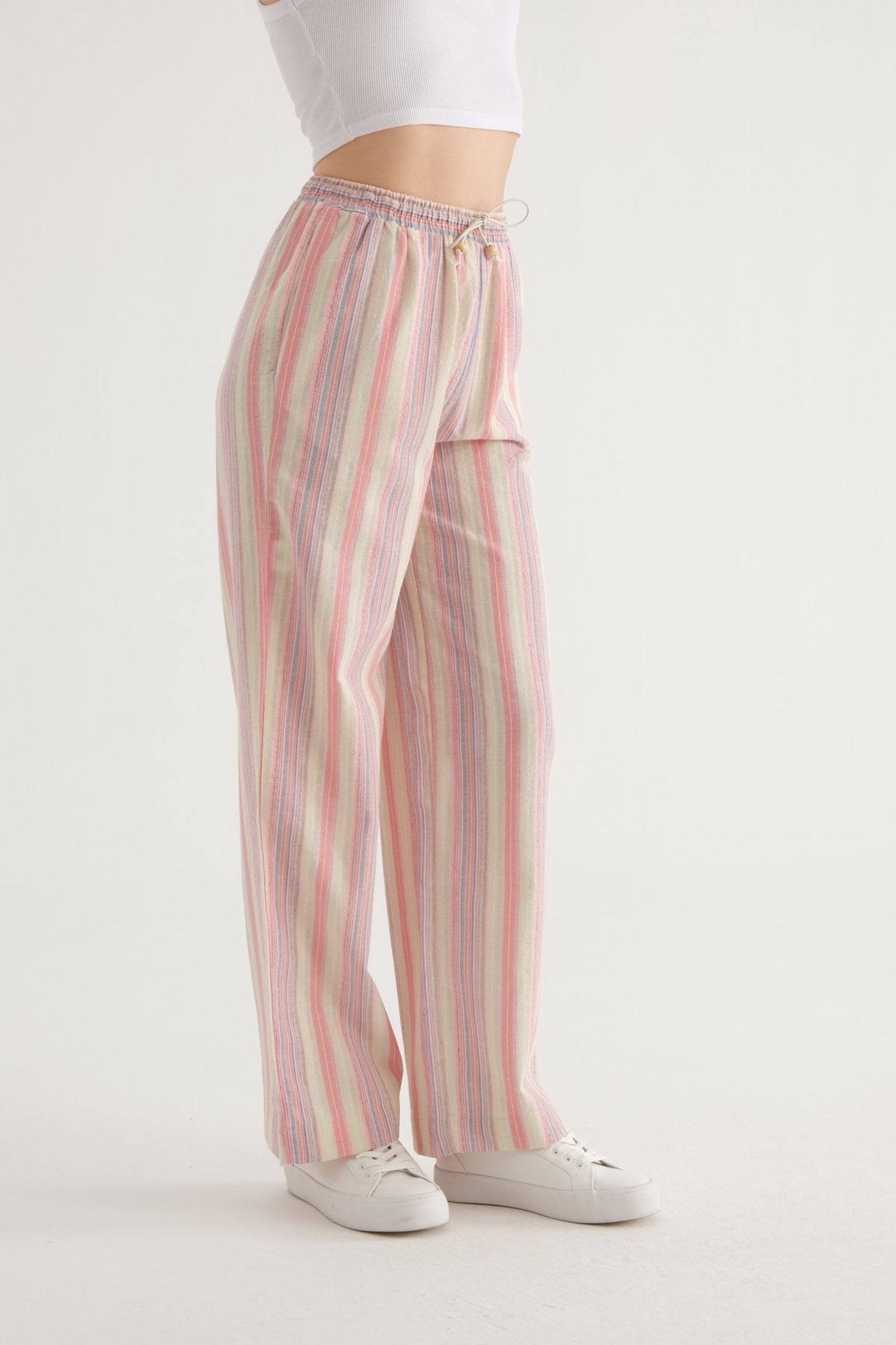 Striped High Waist Drawstring Straight Leg Trousers