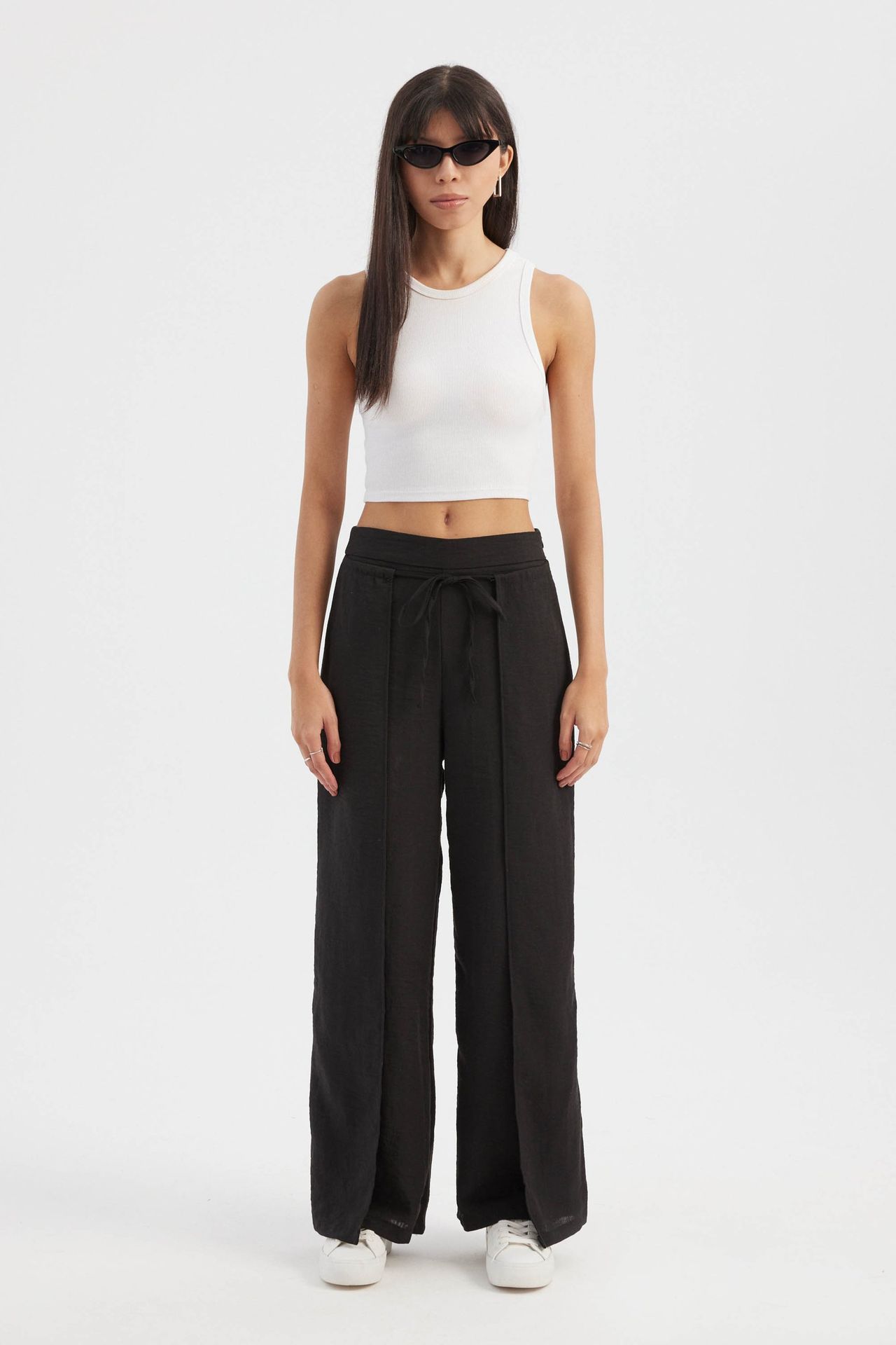 High Waist Straight Leg Trousers with a Front Tie
