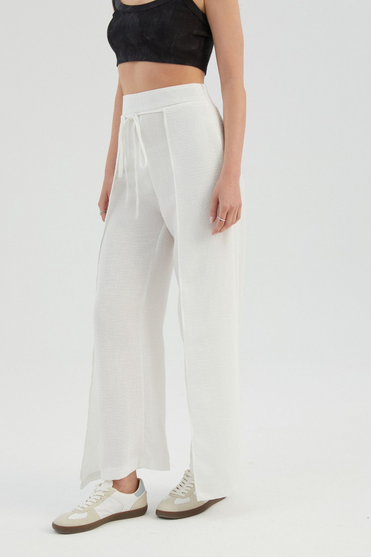 High Waist Straight Leg Trousers with a Front Tie