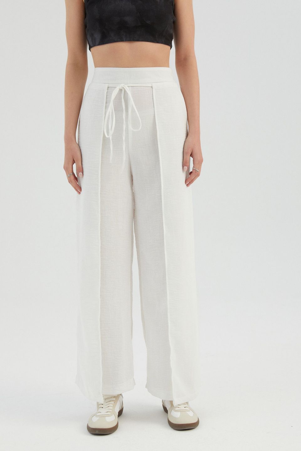 High Waist Straight Leg Trousers with a Front Tie