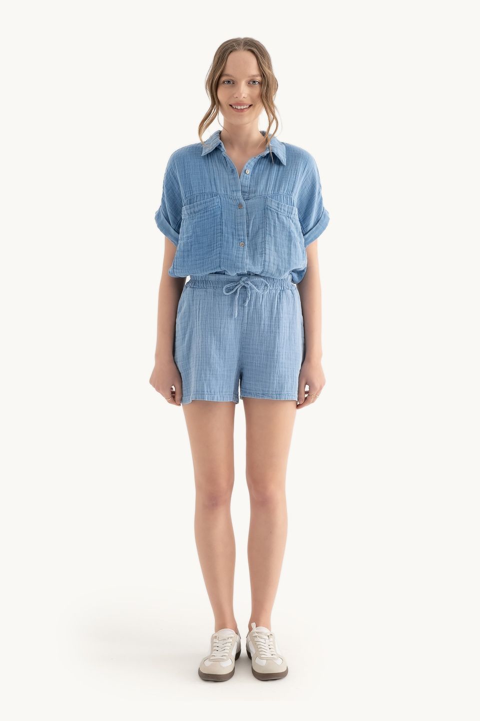Muslin High Waist Elastic Waist Drawstring Shorts