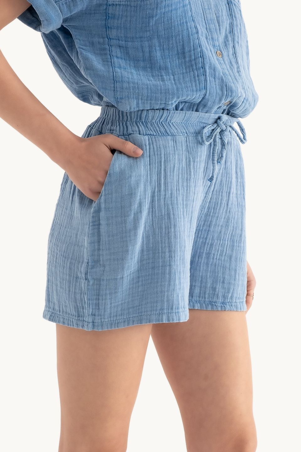 Muslin High Waist Elastic Waist Drawstring Shorts