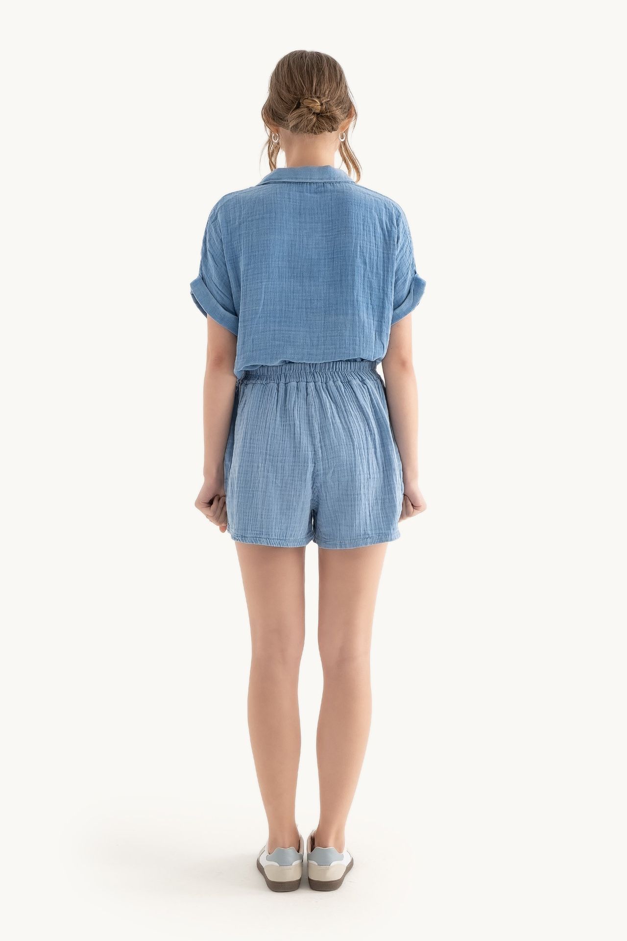 Muslin High Waist Elastic Waist Drawstring Shorts