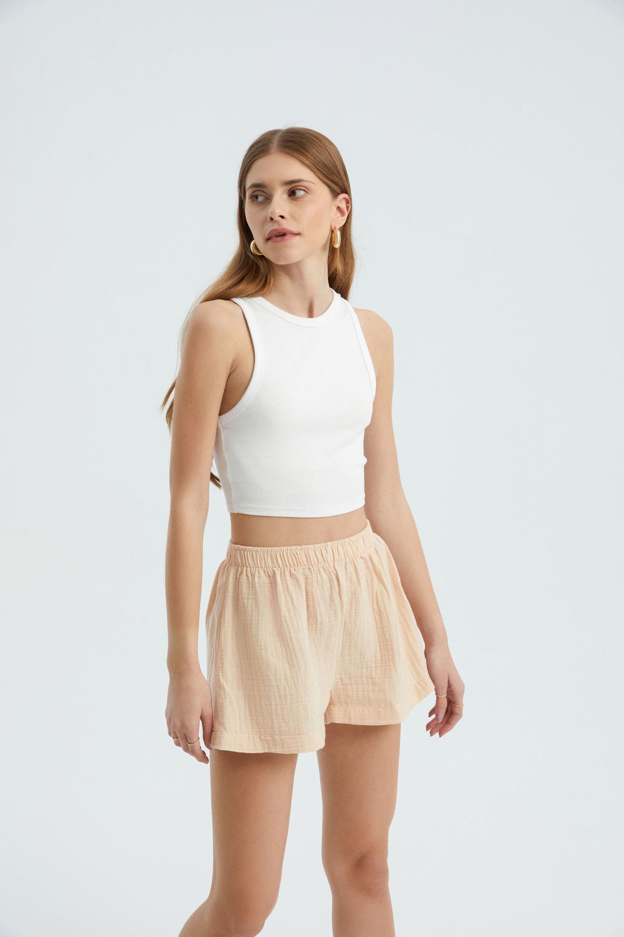 Linen High Waist Elastic Waist Shorts