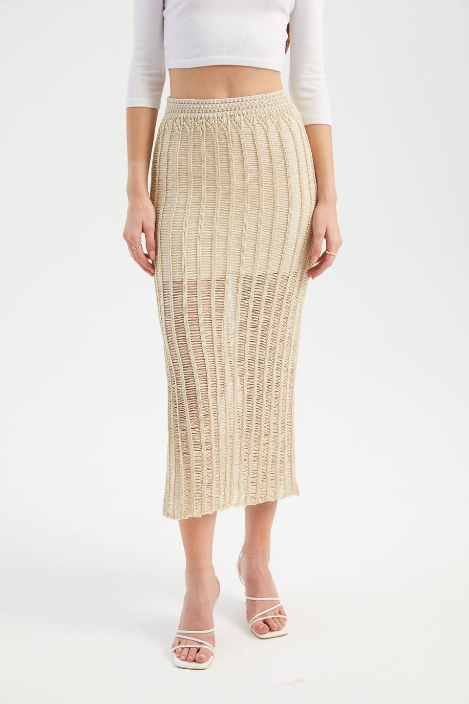 Knitted Openwork High Waist Slit Midi Skirt