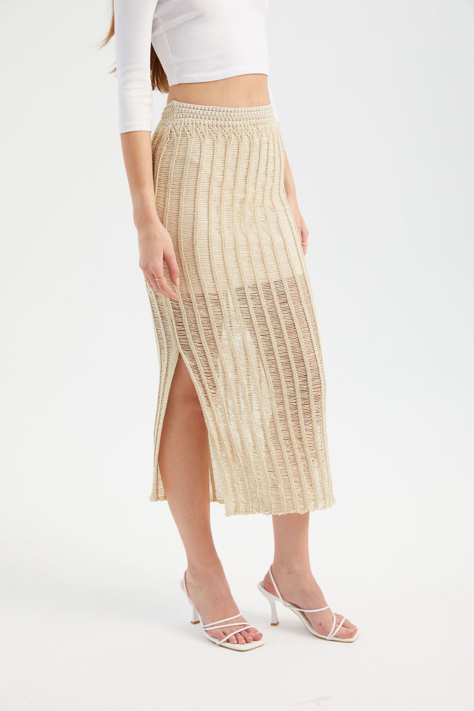 Knitted Openwork High Waist Slit Midi Skirt