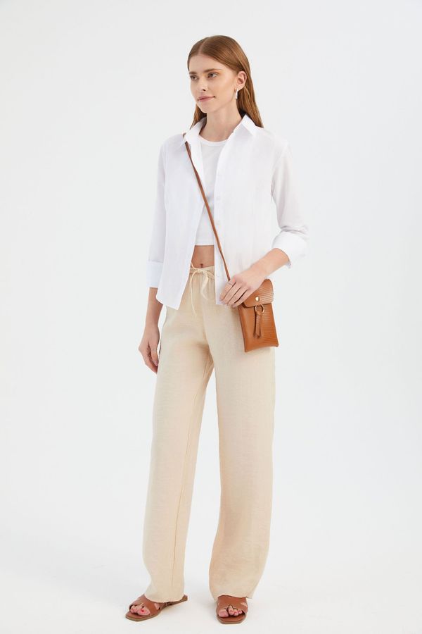 Mid Rise Elastic Waist Drawstring Straight Leg Trousers 1