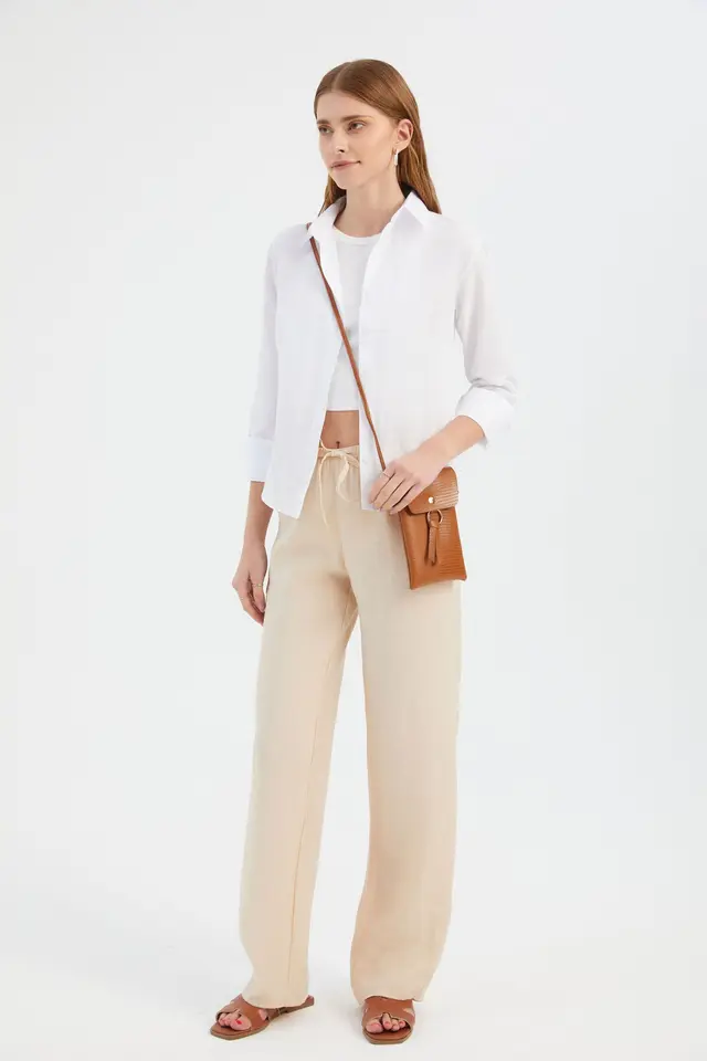 Mid Rise Elastic Waist Drawstring Straight Leg Trousers