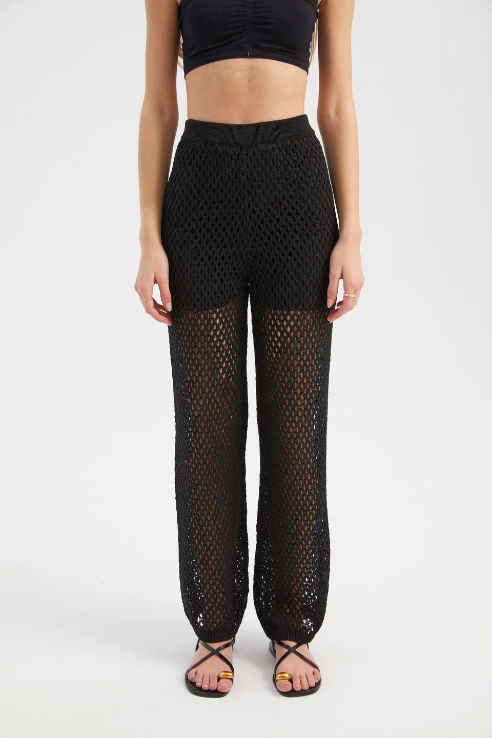 Openwork High Waist Elastic Waist Straight Leg Trousers