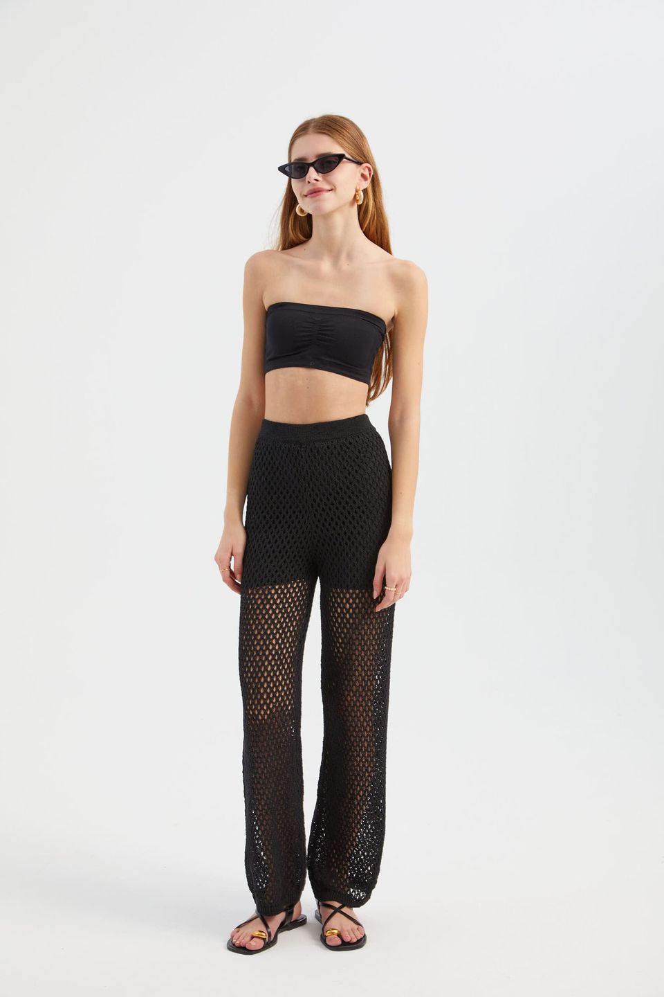 Openwork High Waist Elastic Waist Straight Leg Trousers