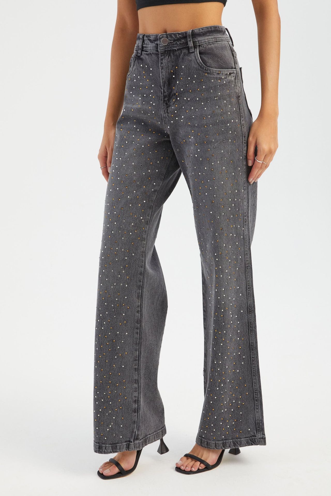 Stone Embellished Mid Rise Wide Leg Jeans