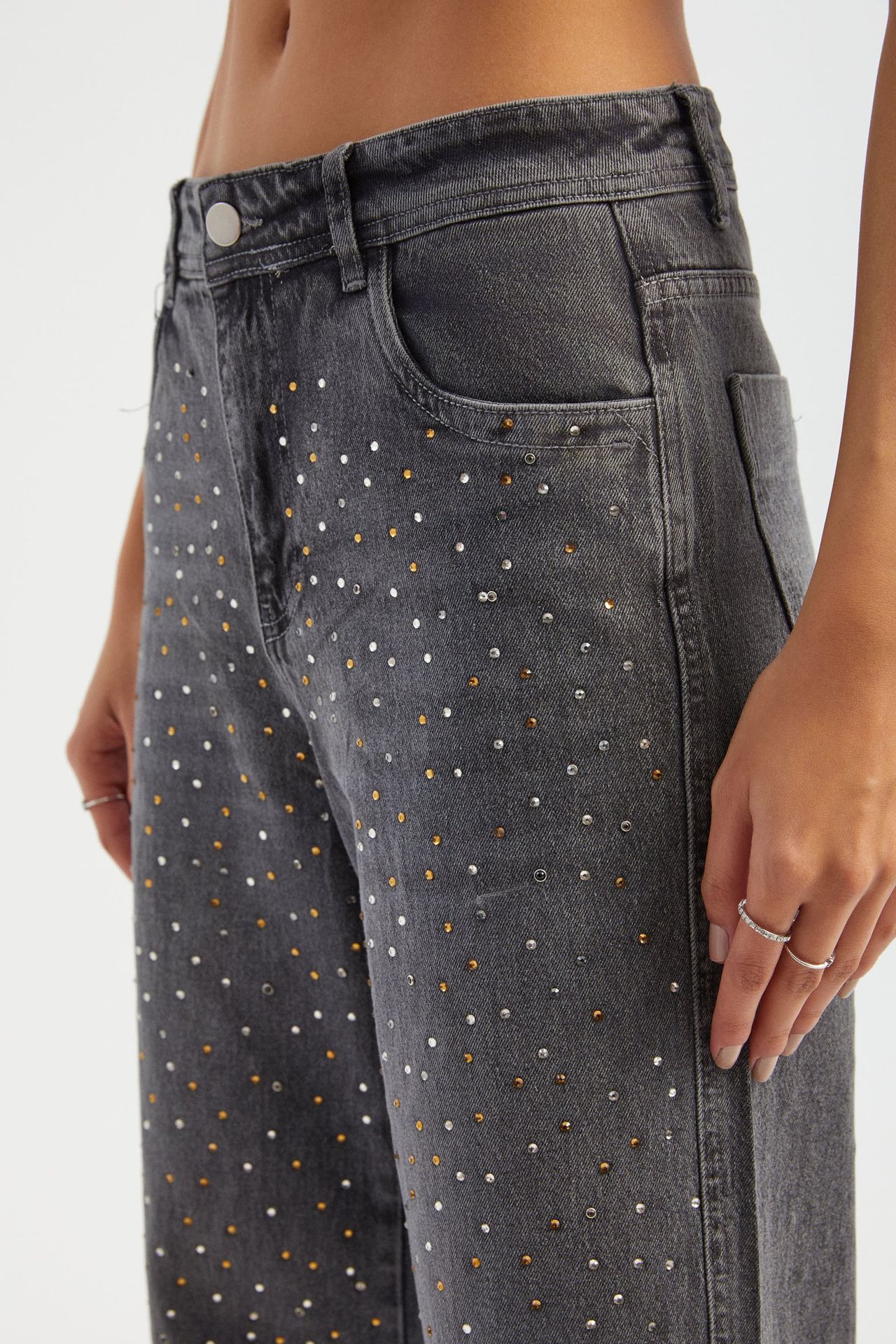 Stone Embellished Mid Rise Wide Leg Jeans