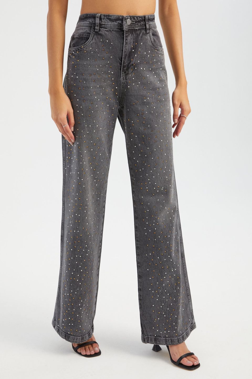 Stone Embellished Mid Rise Wide Leg Jeans