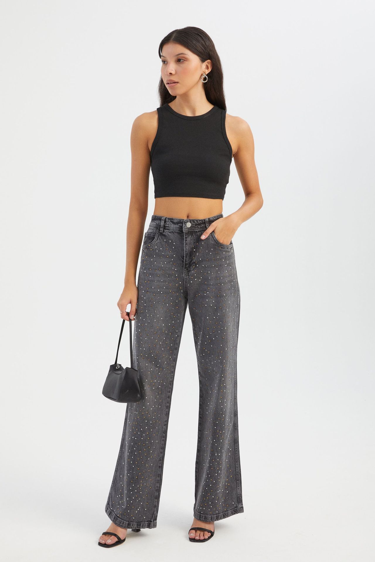 Stone Embellished Mid Rise Wide Leg Jeans