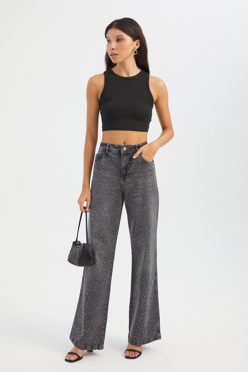 Stone Embellished Mid Rise Wide Leg Jeans