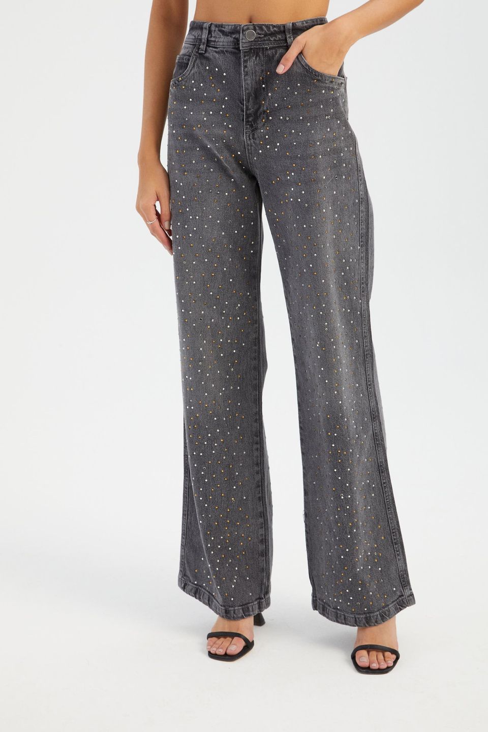Stone Embellished Mid Rise Wide Leg Jeans