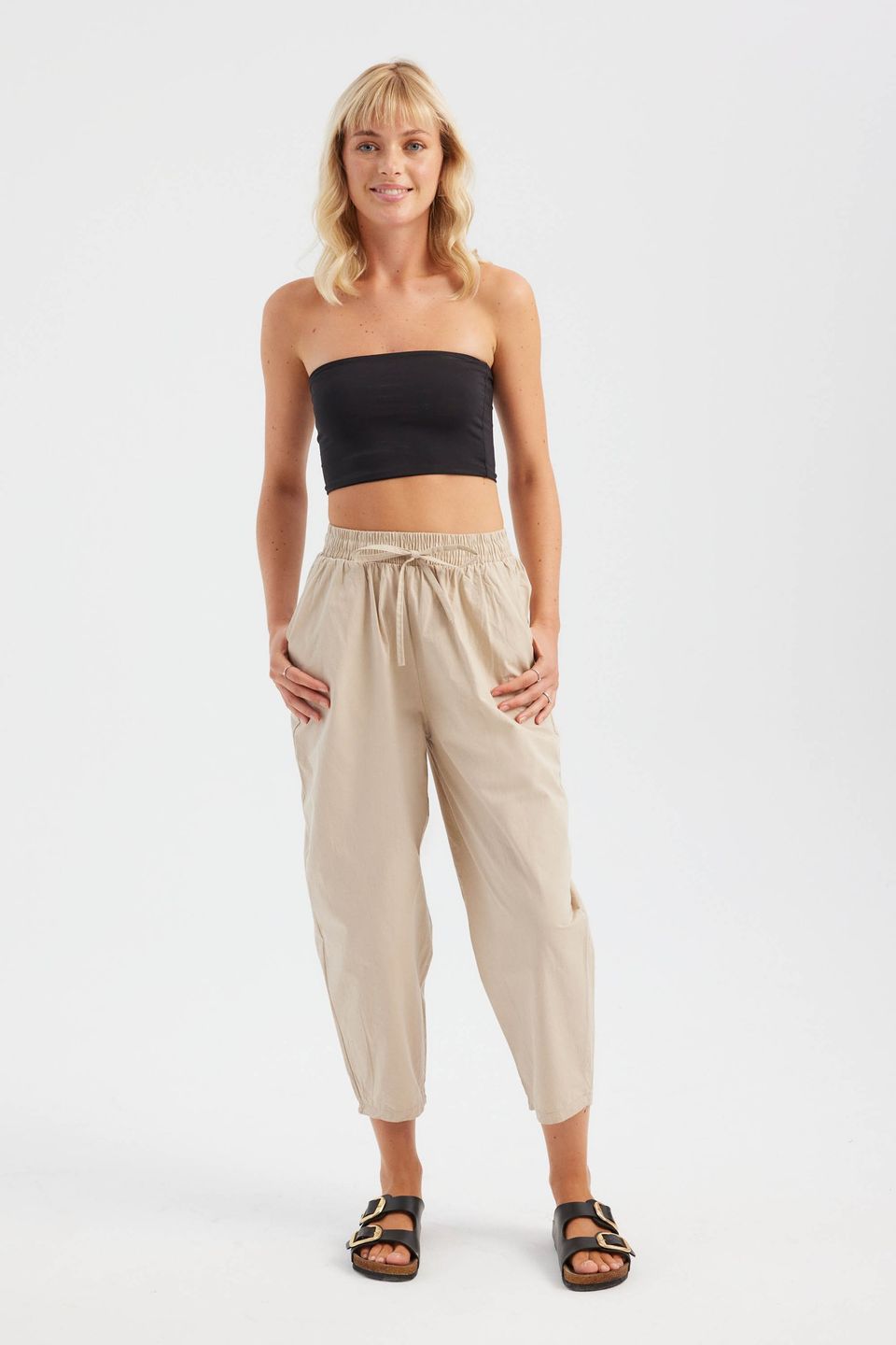 Cotton High Waist Elastic Waist Carrot fit Trousers