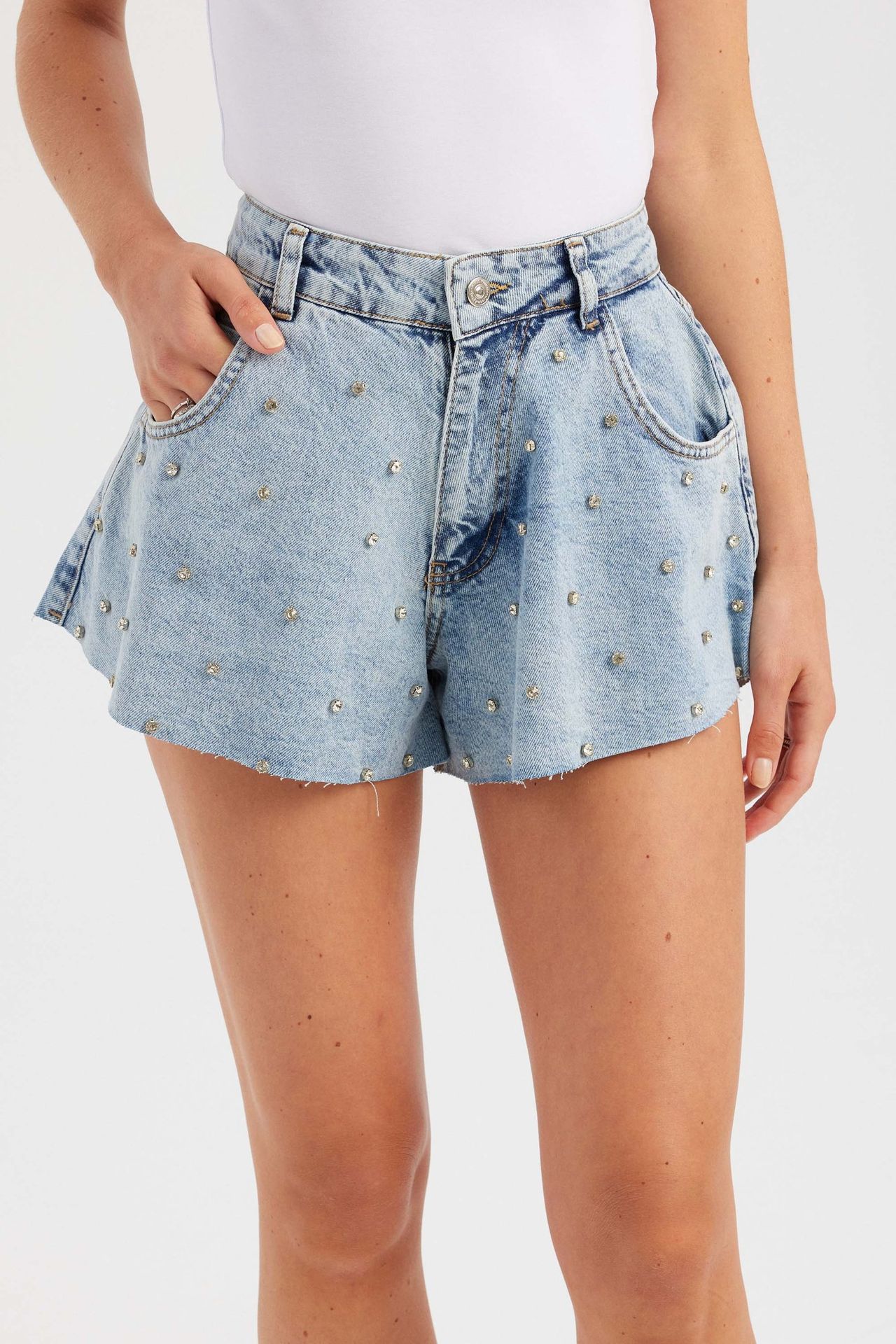 Mid Rise Diamente Flare Shorts