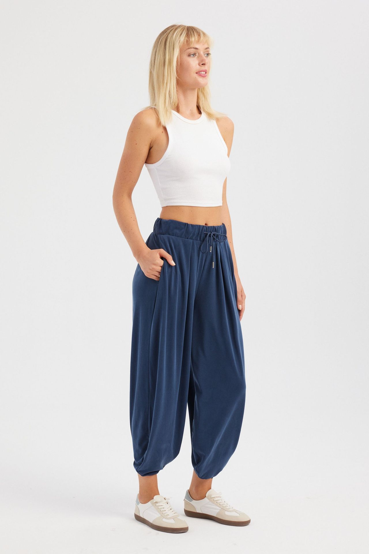 Woven High Waist Pleated Drawstring Joggers