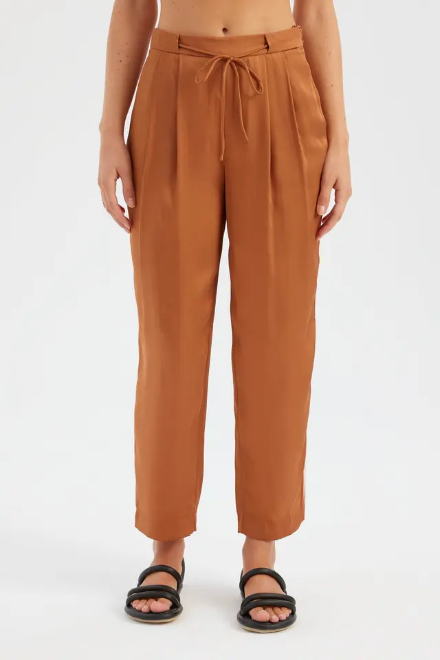 High Waist Drawstring Pleated Carrot fit Trousers