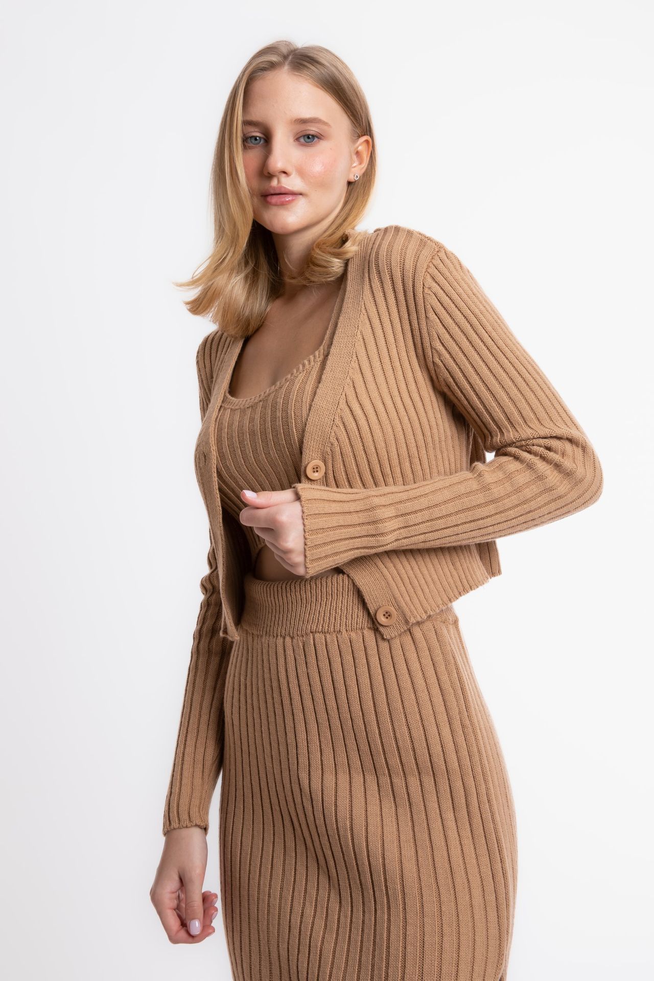 3 Pieces: Knitted Ribbed Cropped Cardigan & Scoop Neck Cropped Tank Top & High Waist Slit Maxi Skirt