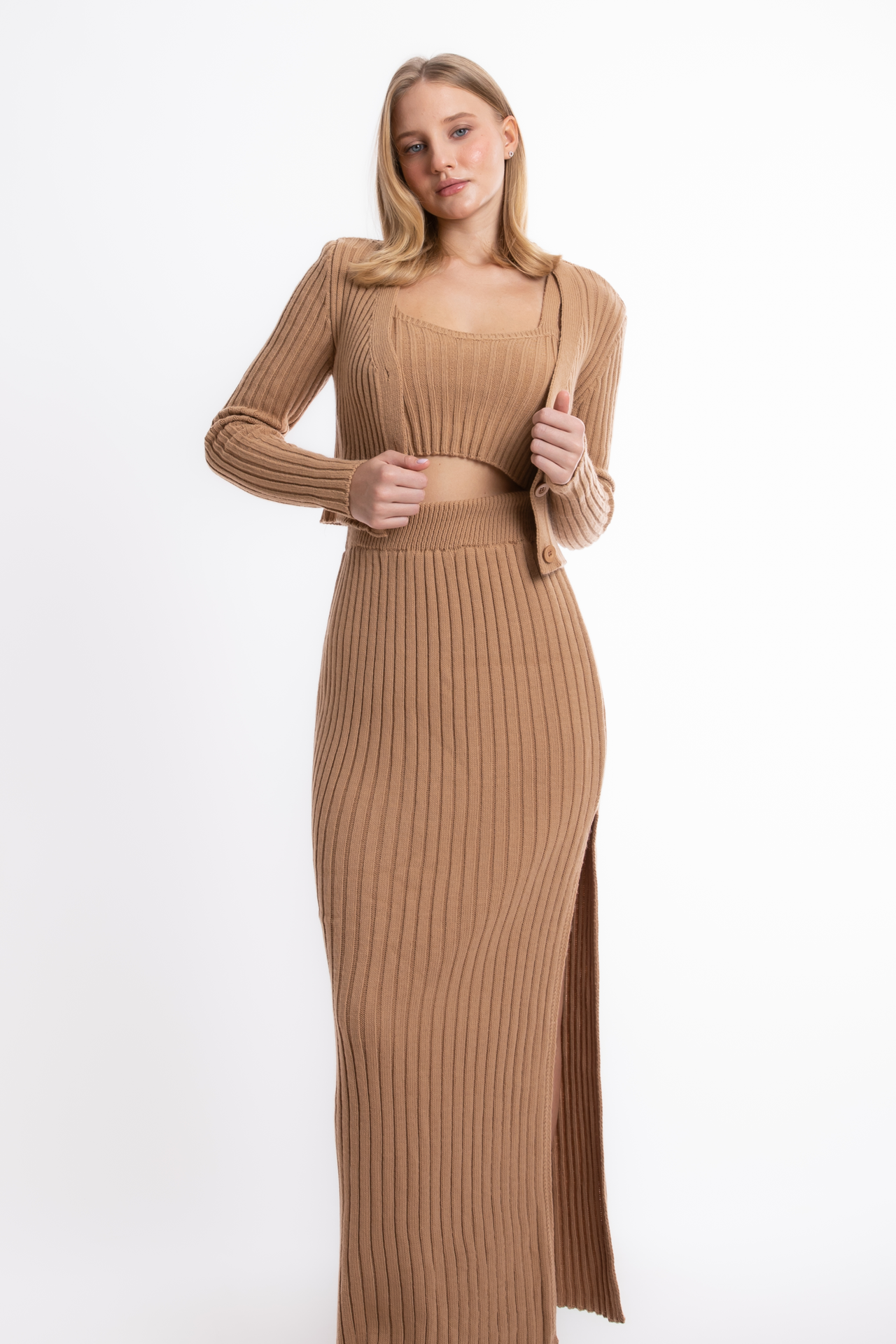 3 Pieces: Knitted Ribbed Cropped Cardigan & Scoop Neck Cropped Tank Top & High Waist Slit Maxi Skirt