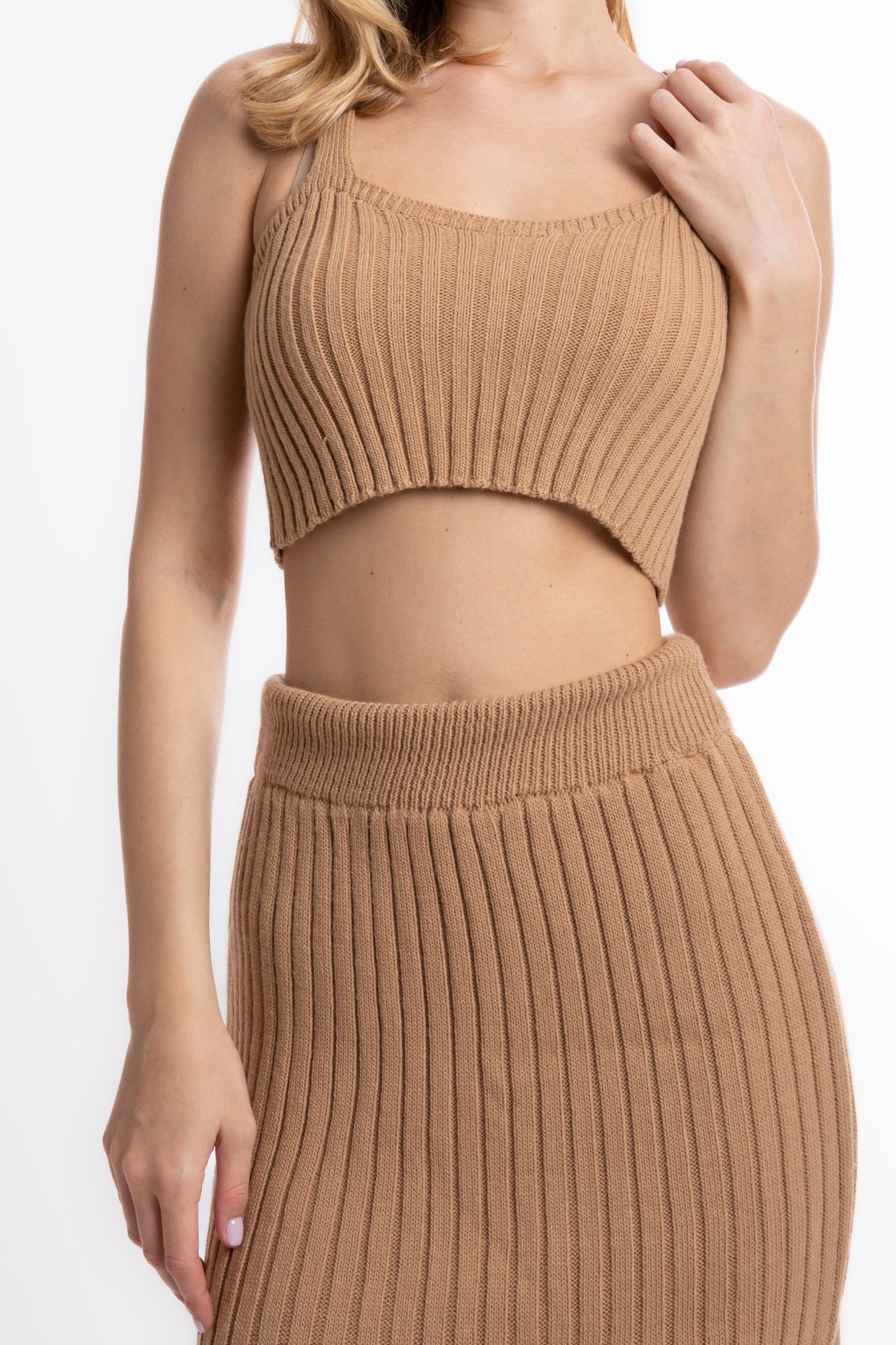 3 Pieces: Knitted Ribbed Cropped Cardigan & Scoop Neck Cropped Tank Top & High Waist Slit Maxi Skirt