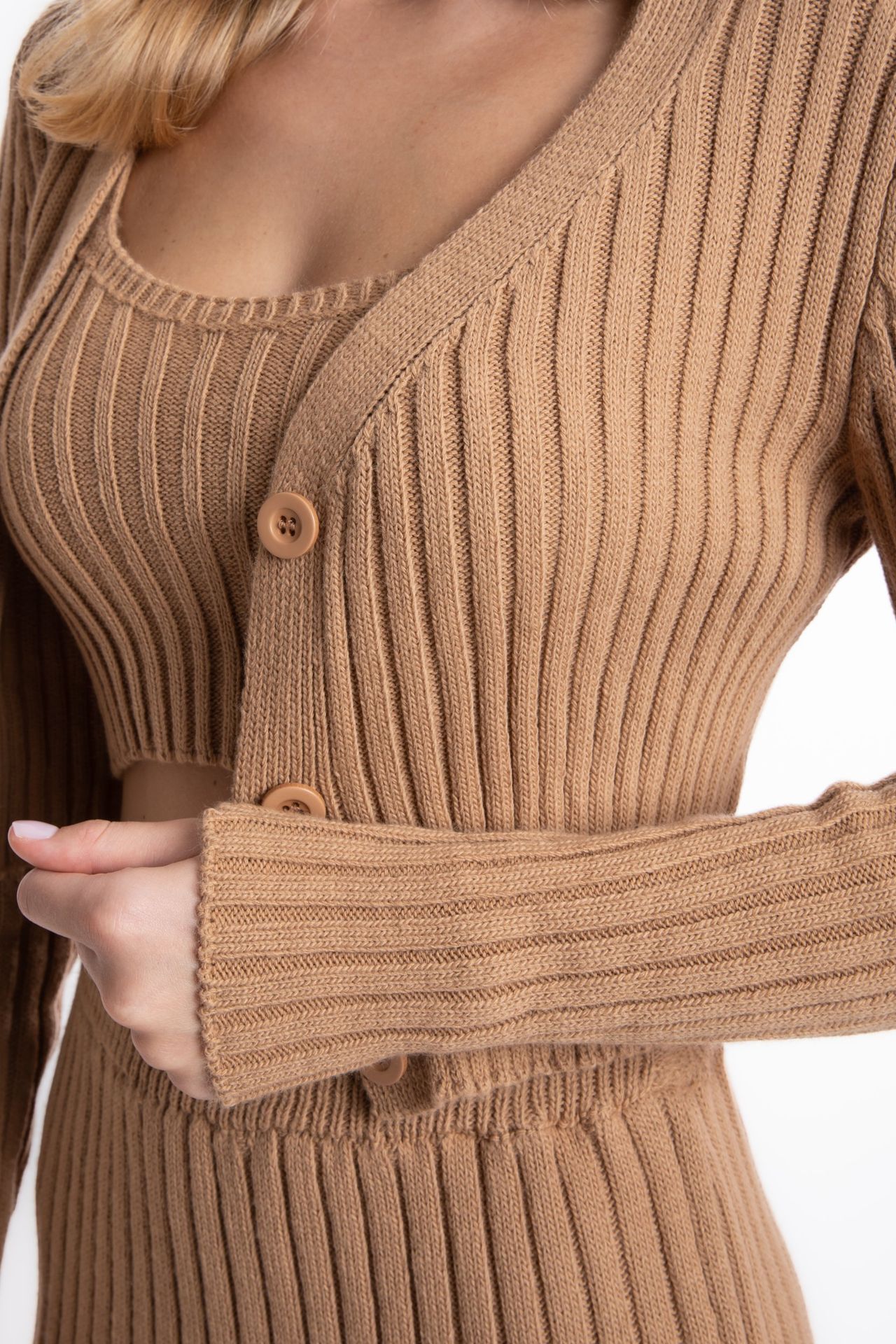 3 Pieces: Knitted Ribbed Cropped Cardigan & Scoop Neck Cropped Tank Top & High Waist Slit Maxi Skirt