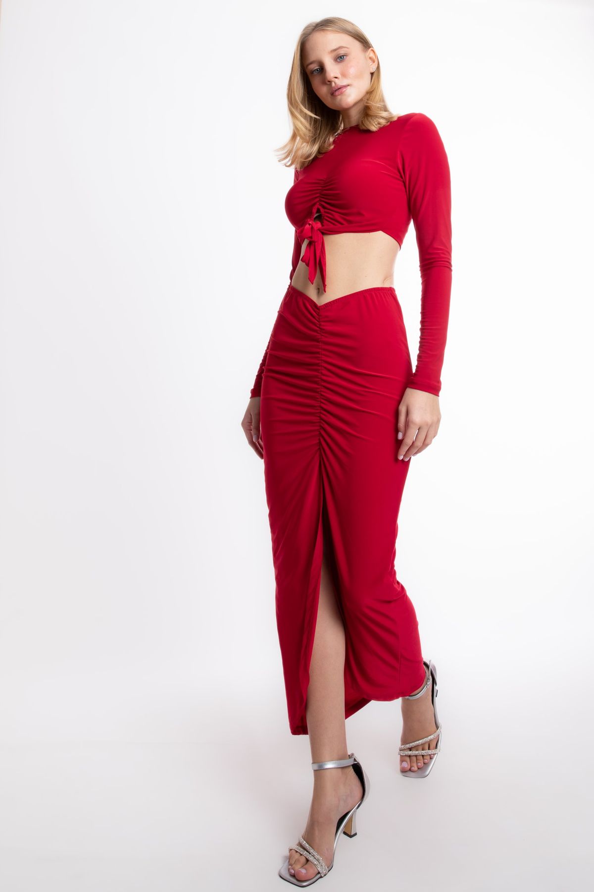 2 Pieces: Round Neck Jersey Crop Top with a Tie Up Detail & High Waist Ruched Front Slit Maxi Skirt