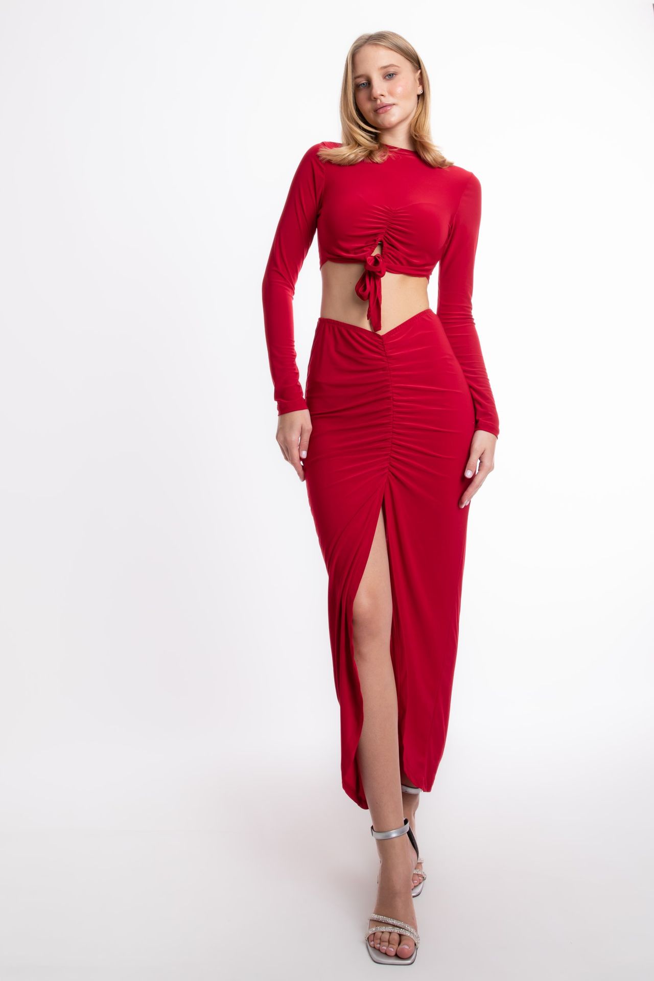 2 Pieces: Round Neck Jersey Crop Top with a Tie Up Detail & High Waist Ruched Front Slit Maxi Skirt