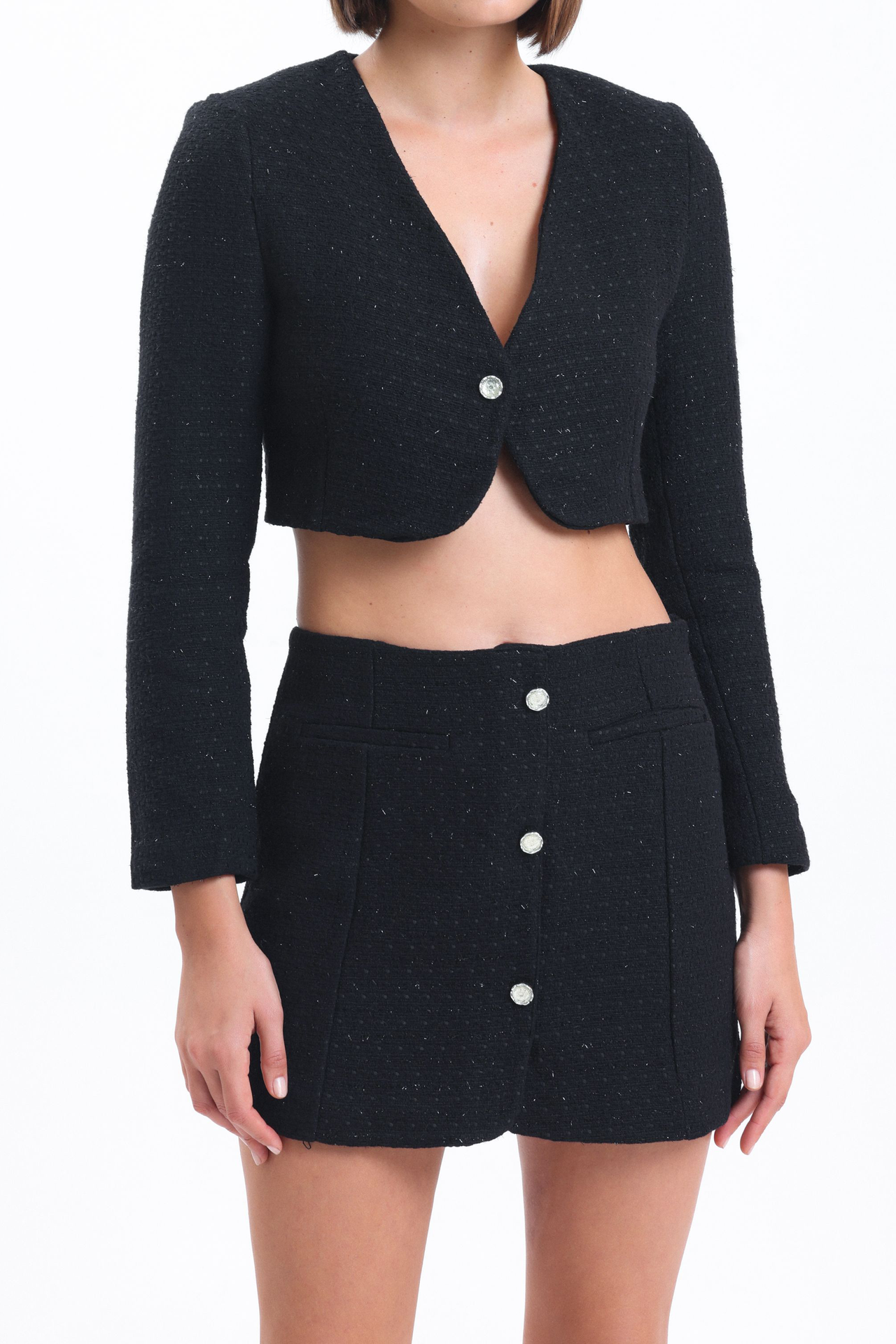 2 Pieces: V Neck Tweed Cropped Jacket & Mid Rise Buttoned Mini Skirt