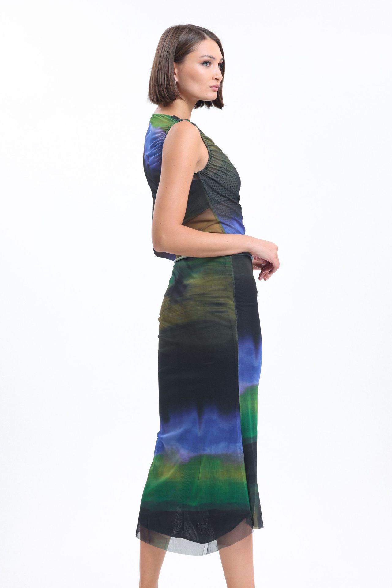 2 Pieces: Ombre Boat Neck Tulle One Shoulder Top & Midi Skirt