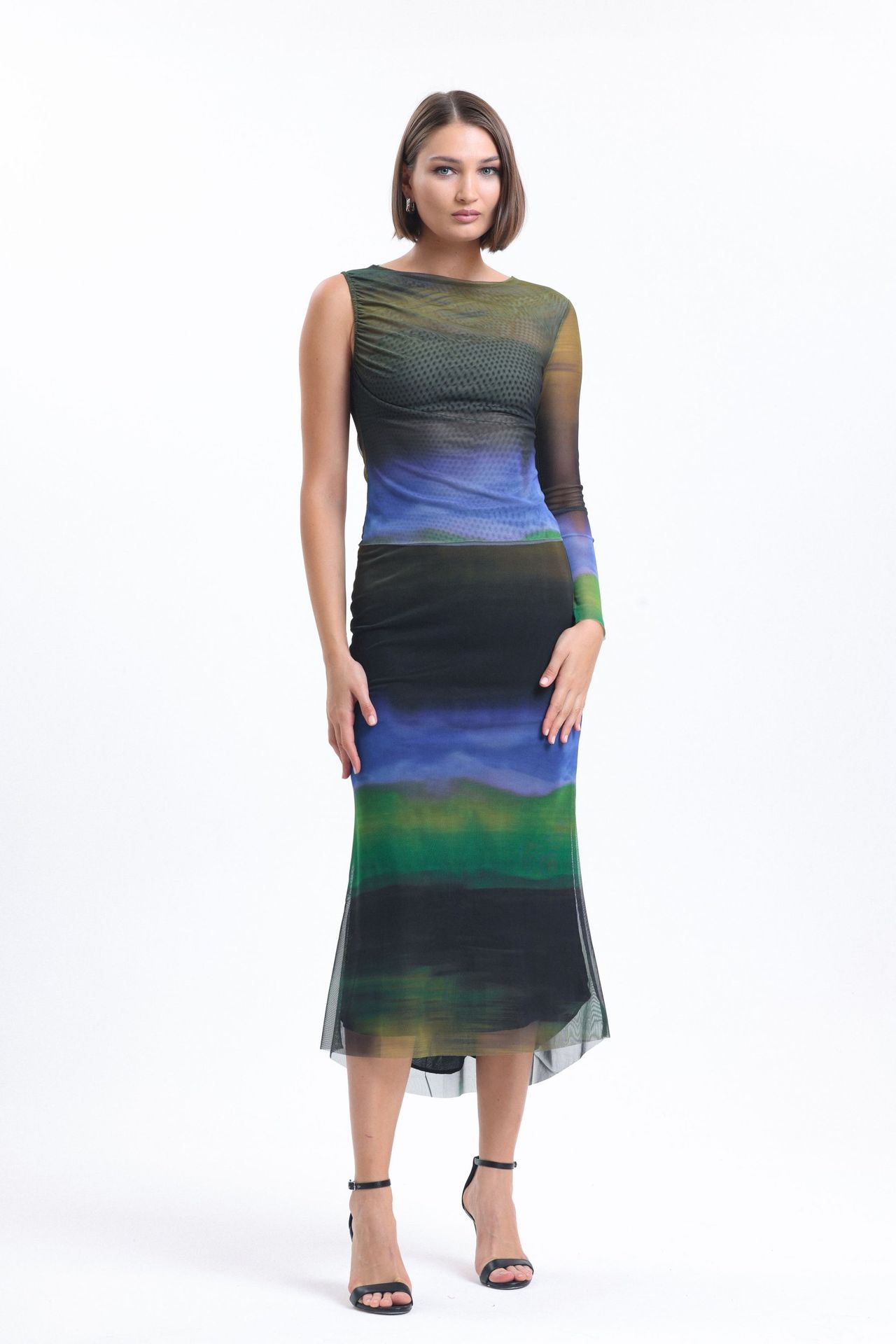 2 Pieces: Ombre Boat Neck Tulle One Shoulder Top & Midi Skirt