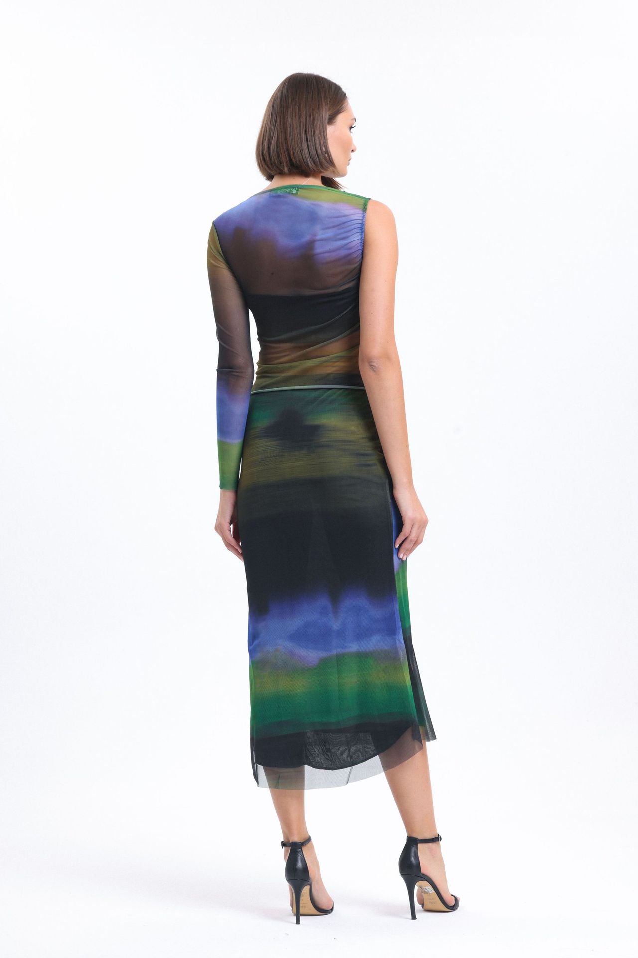 2 Pieces: Ombre Boat Neck Tulle One Shoulder Top & Midi Skirt