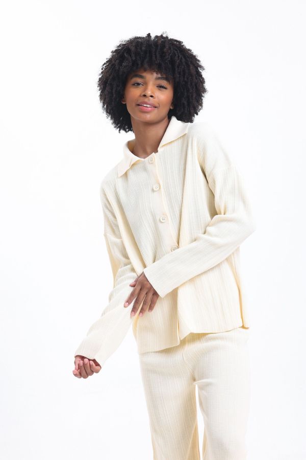 2 Pieces: Knitted Buttoned Shirt & High Waist Straight Leg Trousers 1
