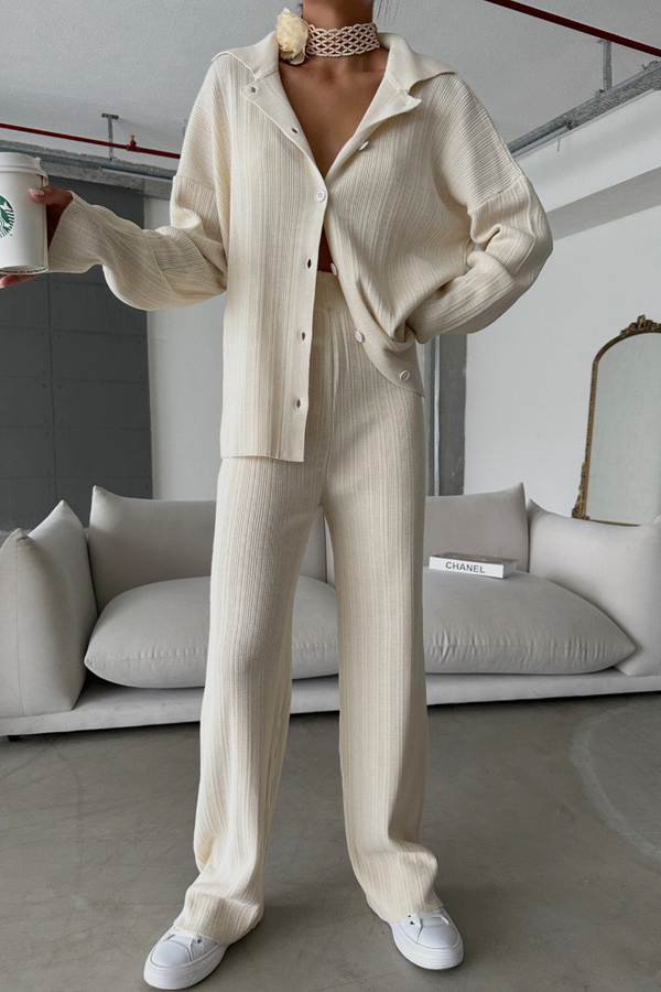 2 Pieces: Knitted Buttoned Shirt & High Waist Straight Leg Trousers 3