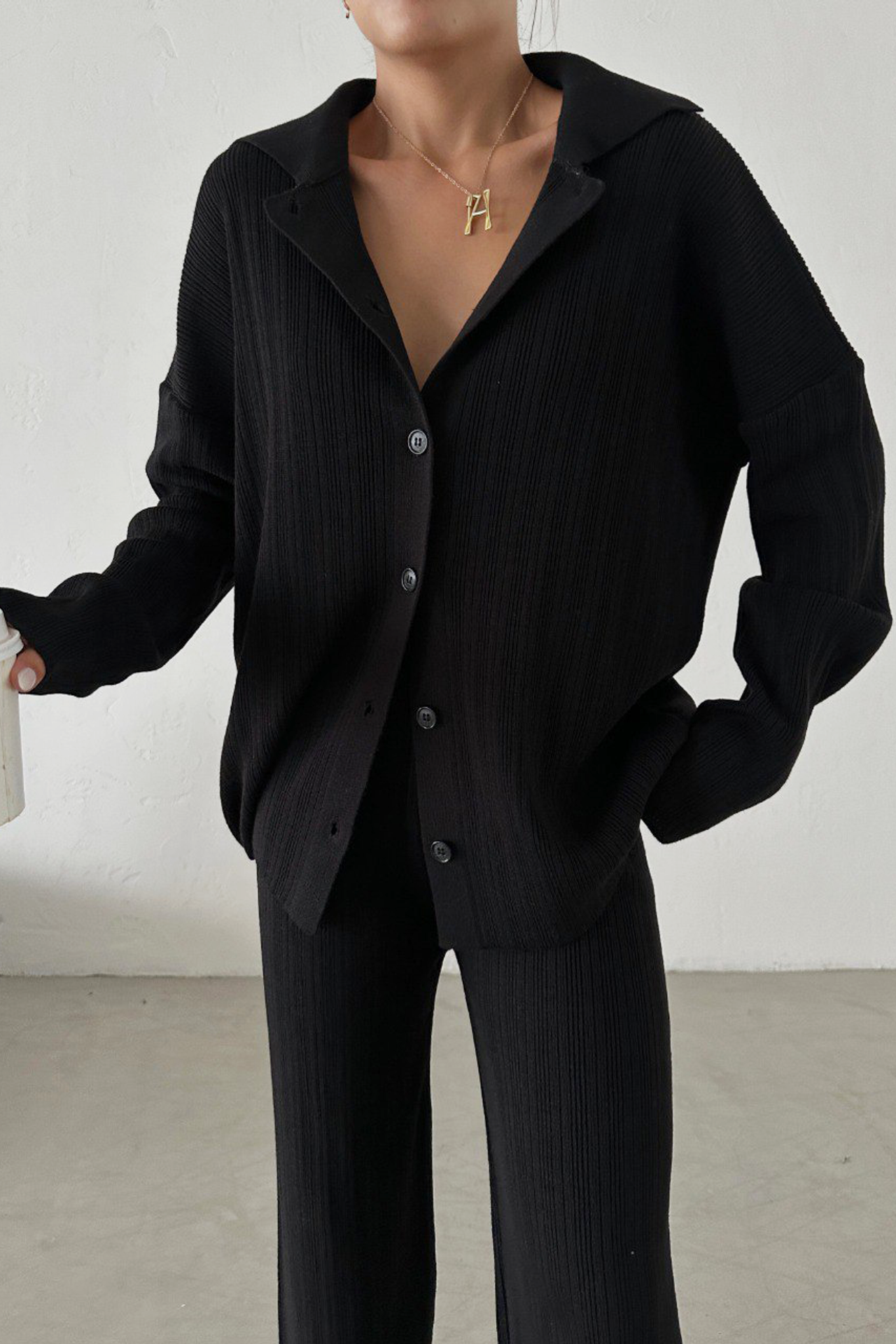 2 Pieces: Knitted Buttoned Shirt & High Waist Straight Leg Trousers