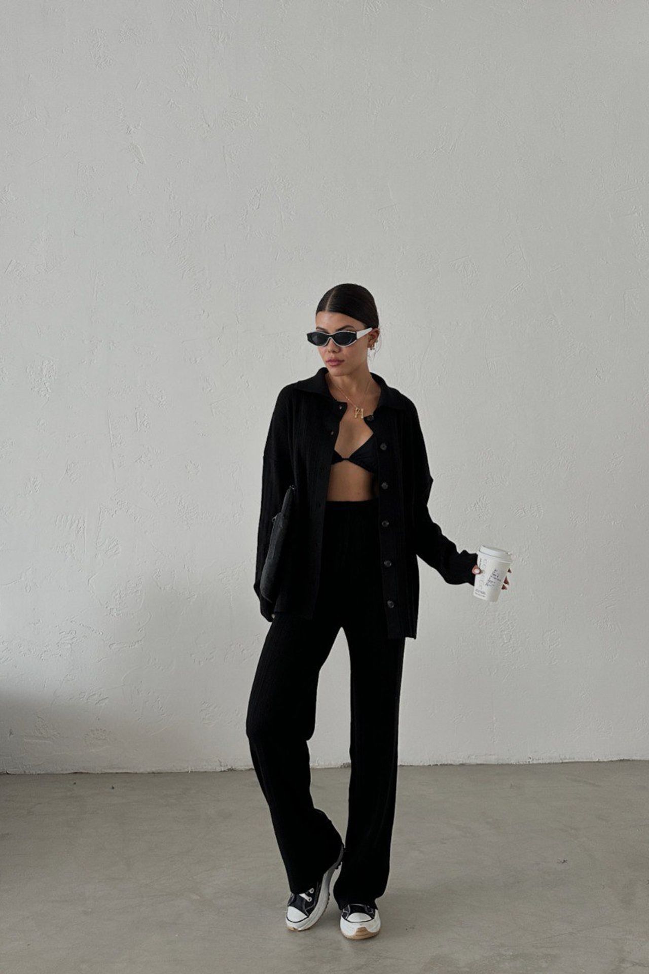 2 Pieces: Knitted Buttoned Shirt & High Waist Straight Leg Trousers