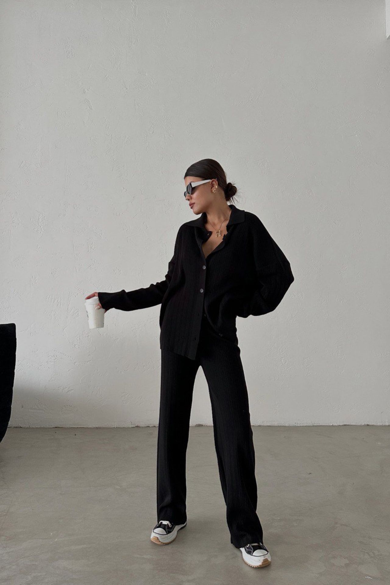 2 Pieces: Knitted Buttoned Shirt & High Waist Straight Leg Trousers