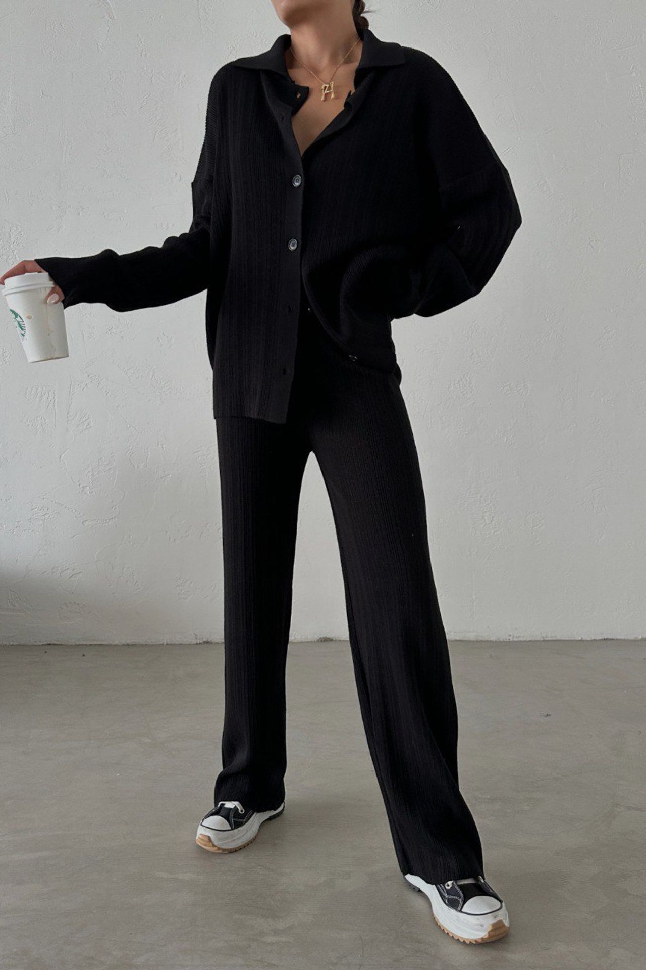 2 Pieces: Knitted Buttoned Shirt & High Waist Straight Leg Trousers