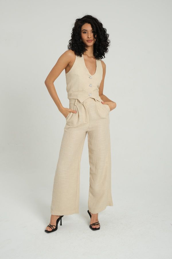 V Neck Tweed Waistcoat & High Waist Wide Leg Trousers Set 1