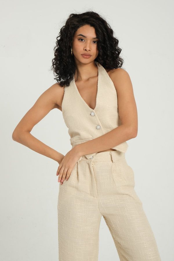 V Neck Tweed Waistcoat & High Waist Wide Leg Trousers Set 3