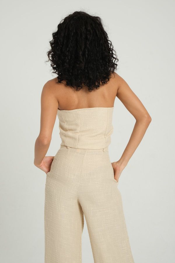 V Neck Tweed Waistcoat & High Waist Wide Leg Trousers Set 4