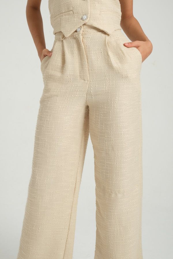 V Neck Tweed Waistcoat & High Waist Wide Leg Trousers Set 5
